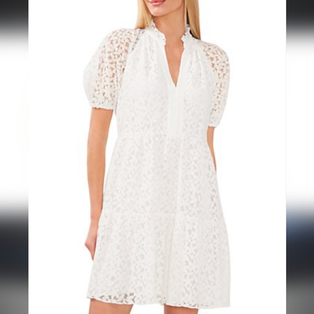 CeCe NWT Puff Sleeve Babydoll White Lace Mini Dress